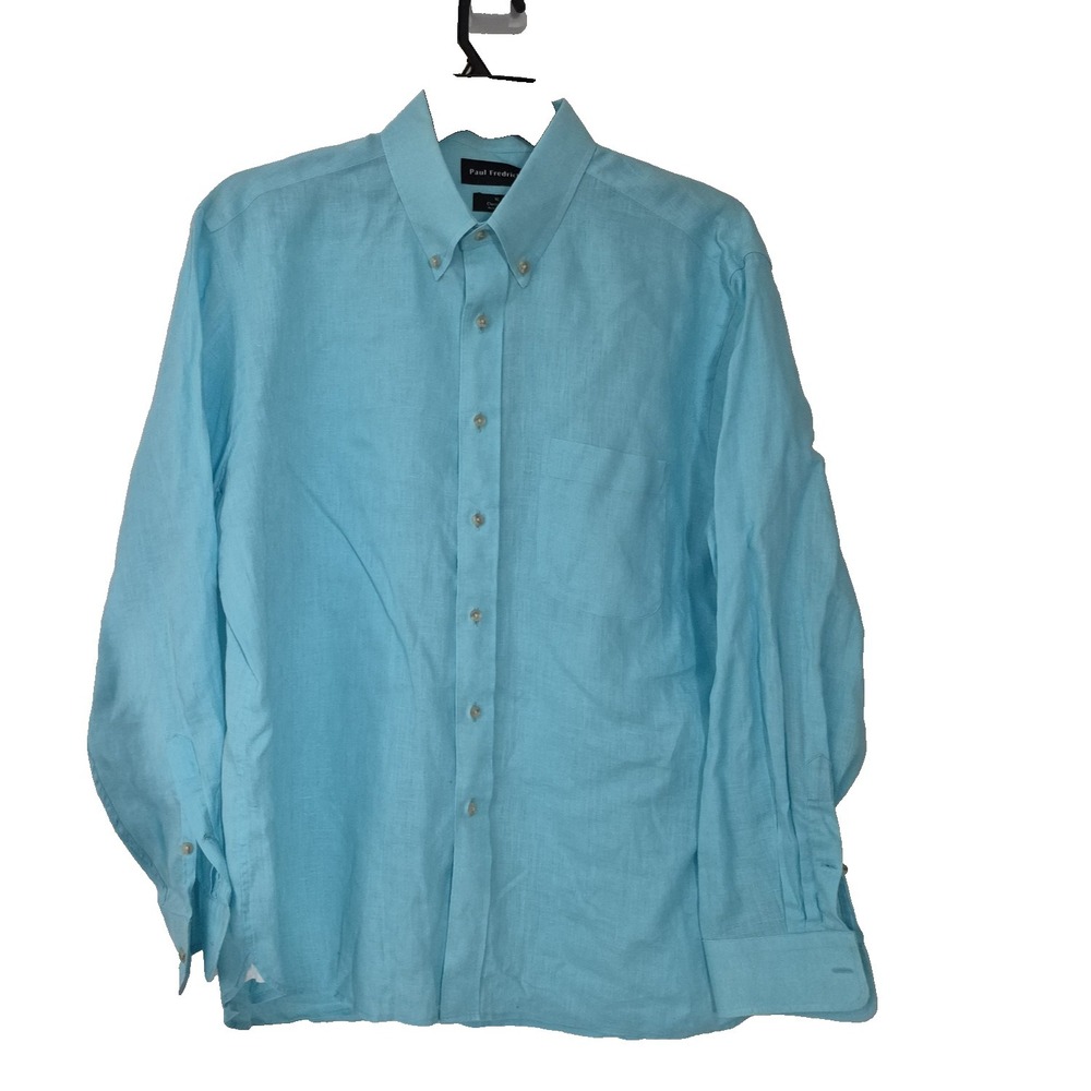 Paul Fredrick‎ Shirt Mens XL Blue Classic Fit 100% Finest Pure Linen Button Down